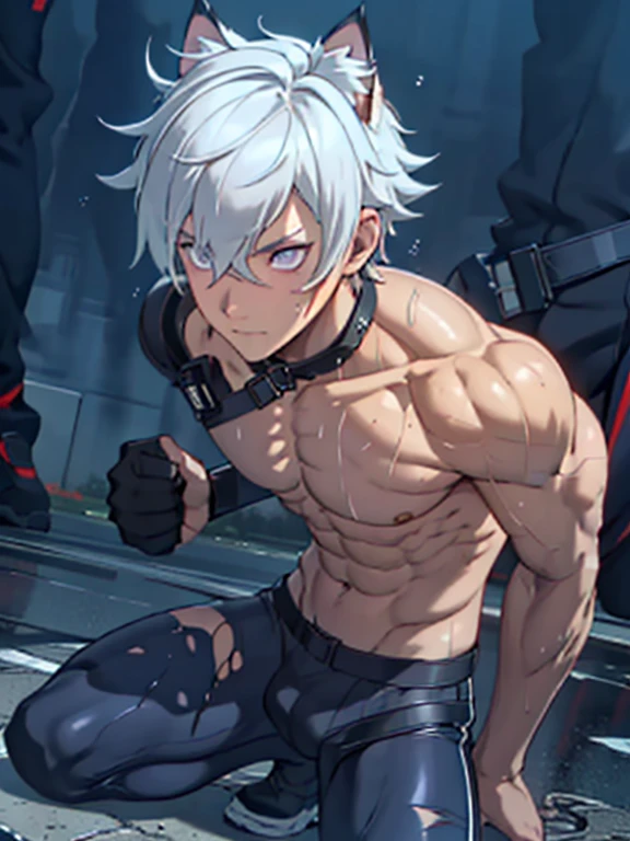 ((Fine details)), Best Shadow,Cinema Lighting,Highest quality,((Very detailed)) masterpiece the body is slim Embarrassing Gray Hair Electricity began get wet Big eyes thin The suit was torn Upper body naked sweating Delicate body Damaged High saturation Six-headed body boy Ryona Hurt torture Clothing saturation 0 I was injured High chance of losing Skin is visible in places shout View from below Overall image Femboy Light hits the skin Baby Face Fallen Skinny body Lie down punish young Flexible body Mind control Swimwear The body is slim Cat ear Screaming enduring pain Rear view I can see your back とてもBig eyes lean slender body Kneeled blue eyes Purple eyes black eye Dark pupils Belt around the crotch erection Foot on the ground Wet ground