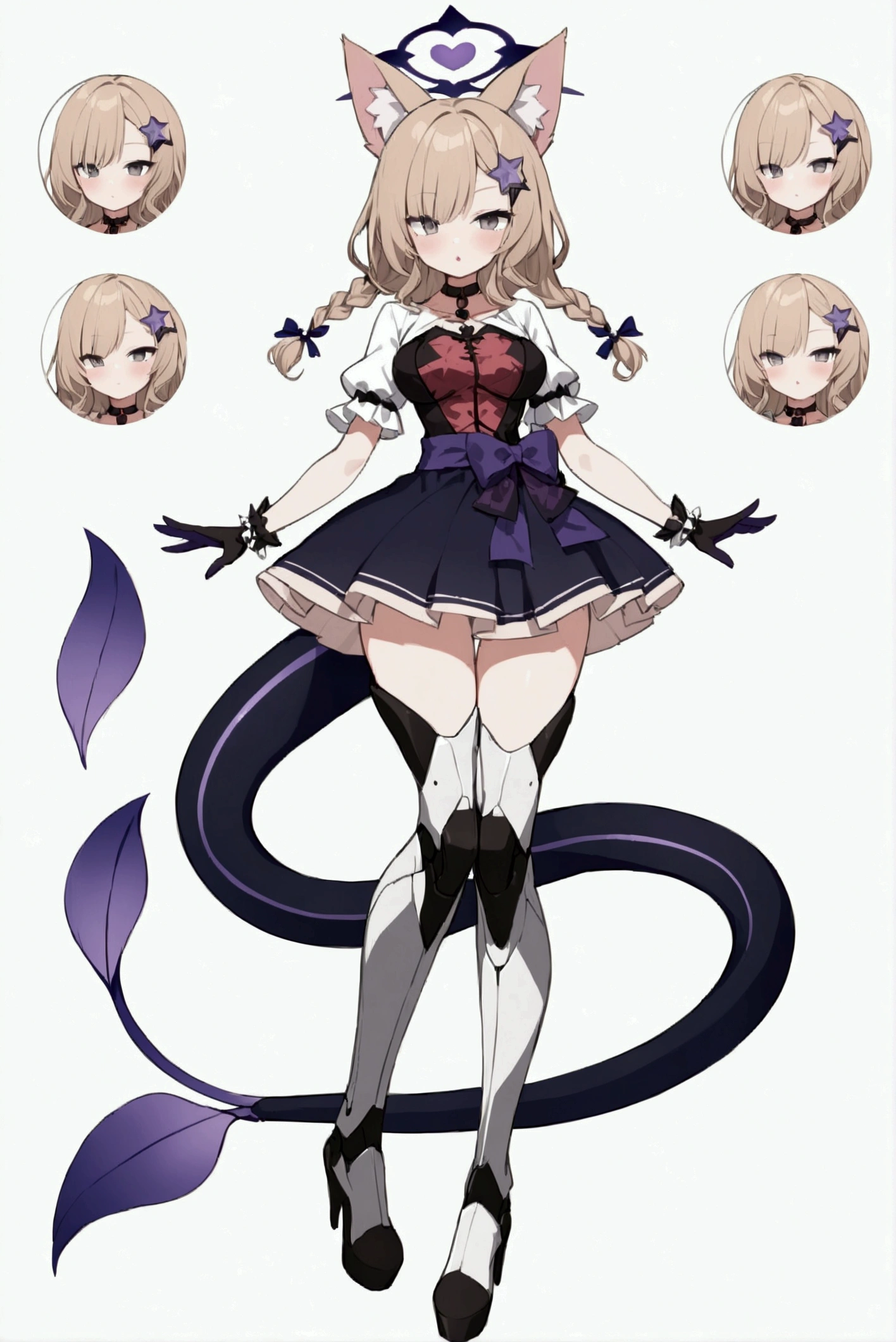 woman 170 cm tall, medium chest, wide hip, slim build, charming look, ((whole body)), (((character design sheet: front view))), (dark blonde hair), ((hip length wavy hair, asymmetrical bangs, star hairpin)), (She has a short braid tied with an elegant purple ribbon on the left side of her hair above her chest), (She has a short braid tied with an elegant purple ribbon on the right side of her hair above her chest), She has small hair bows in the back of her hair), ((Gray eyes with a pink 4-pointed star in the pupil)), (Two black and purple fox ears located on the top of the head), (Luminous black horizontal halo with purple star patterns above head), He has a black collar with a heart emblem on his neck., (Elegant long one piece dress, Thigh-length lace and ruffle skirt, large bow at the back of the hip, ribbon decorations and star patterns on the dress), black ruffled gloves, Black platform heels, gray belt at the waist with a large ribbon with a luminous pink heart in the middle, ((It has a detailed succubus tail that ends in the shape of a purple heart)), (((It has complex mechanical legs that reach up to the thighs and are black with small purple details.))), beautiful detailed hair, beautiful detailed dress, extremely detailed arms, extremely detailed face, small face, Beautiful detailed eyes, beautiful detailed lips, adorable, extremely detailed legs, (Best Quality, 4k, high resolution), ultra detailed, Exquisite and epic character art, ((White background)), (Focus on symmetry).