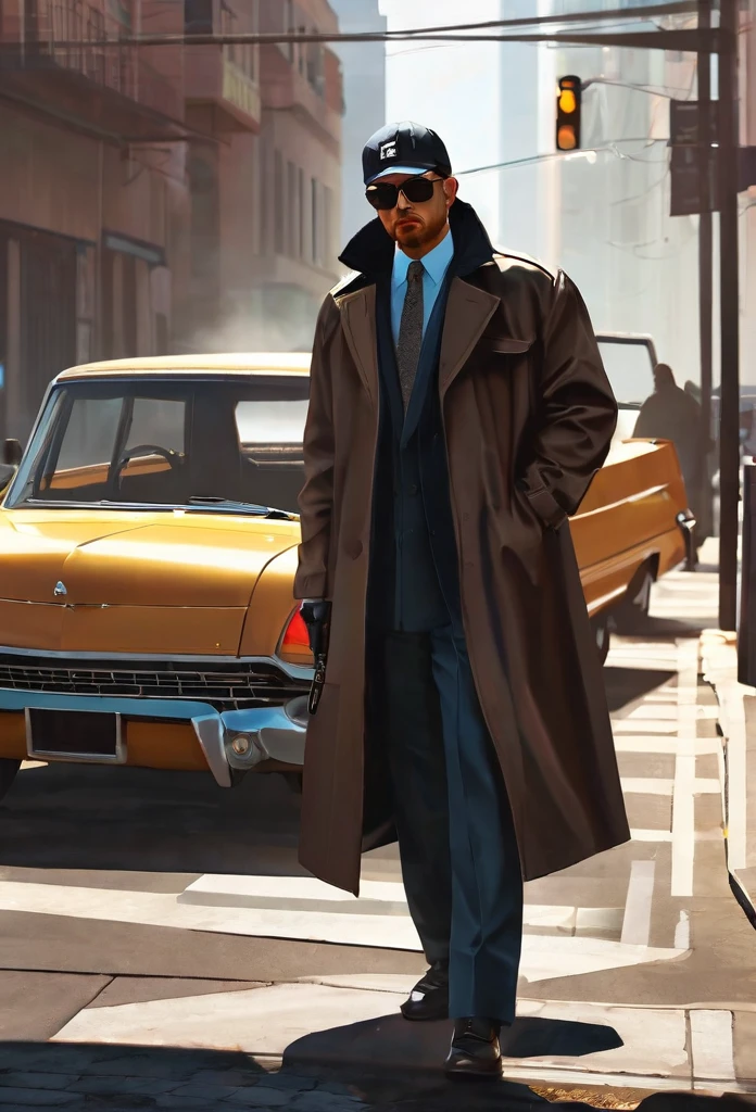 gta style，Rob a bank , bank , dollar , chumbo masculino，riffle, wind coat，oculos de sol，The car，Future city streets，retro art style，shadows and highlights，hight contrast，crime and danger、tension and suspense、avant-garde and ralowing reflections、grimdark、evocative composition。(best qualityer,4K,8K,high resolution,work of art:1.2),ultra detali,(realisitic,photorealisitic,photo-realisitic:1.37)