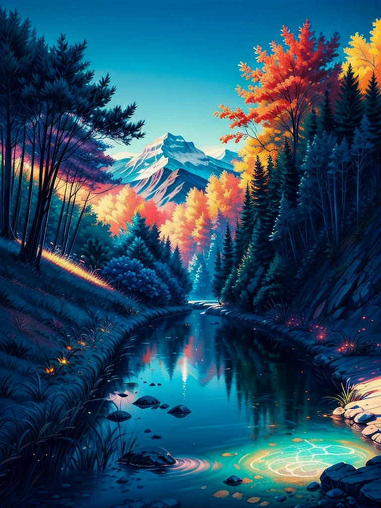 valley mountain with clear blue sky and mountain, flower colorful color blue red green purple yellow, fantasy world medieval, rocks, Vibrant colors include deep purples, electric blues, neon pinks, and shimmering golds. The lighting is ethereal, intense and rich COLORS VIVID, glowing everywhere, dramatic lighting, epic, majestic, awe-inspiring, mystical, ethereal, The sky above is clear blue sky, The atmosphere is full of magical color films, High Detail.