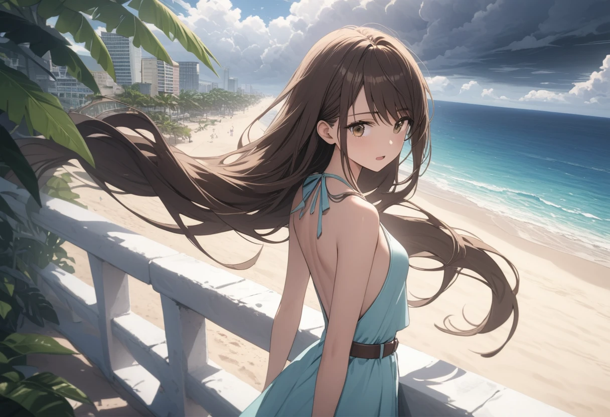 ((Masterpiece)), ((best quality)), (Anime:1.3), (super detail:1.2), (High Definition:1.3), (Professional Photography:1.3), (wide shot), (very aesthetic:1.2), (absurdres:1.2), (sharp focus), (perfect light), 8K, ((very long brown hair, long hair, waist length hair)), Glossy skin, cinematic lighting, 1 young woman, (pink summer dres, backless dress, brown belt), (jean shorts), toned arms, small breast, very long brown hair, (brown eyes, swept bangs), stoic, open mouth, collarbones, Hair that flutters in the wind, BREAK, ((best quality)), (very aesthetic:1.2), (absurdres:1.2), (Leaning against vine draped low Parapet, tropical plants, thunderhead clouds, storm on horizon), (tropical city, beach), summerday, Beautiful Adriatic Sea,