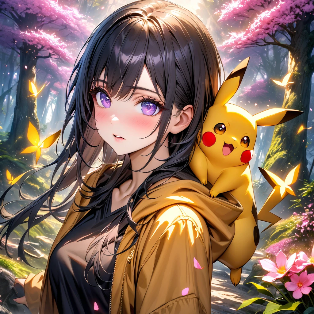 Woman with yellow hoodie,pikachu on shoulder, forest, absurdres, highres, ultra detailed, HDR, master piece, best quality, black hair, expressive purple eyes, black clothes, magical, fantasy, shining, pink flowers, blossoms, yellow butterflies