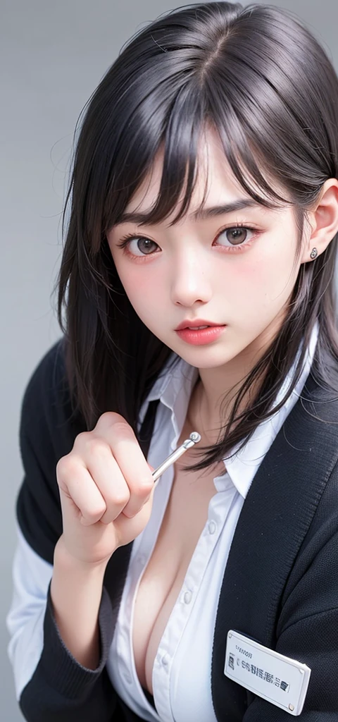 (1 nogizaka girl,15years old face,raw photo,photo realistic:1.5),(best quality, high quality,HDR, highest quality,ultra high resolution,high resolution,high res,ultra high difinition,huge file size,8K,2K wallpaper,8K wallpaper,high quality texture,amazing,an extremely delicate:1.4),one girl, Japanese famous idol,cute face,small face,absurd,ridiculous,incredibly ridiculous,blurry background,(school uniform,sailor suit,short hair,cleavage,no makeup:1.2),medium skin,beautiful skin,detailed skin,black hair,silky hair,black eyes,Japanese nose,5-fingers,(Light Particles, Lens Flare, Luminous Particles: 0.7),looking at viewer,small hands,bright lighting,professional lighting,girl