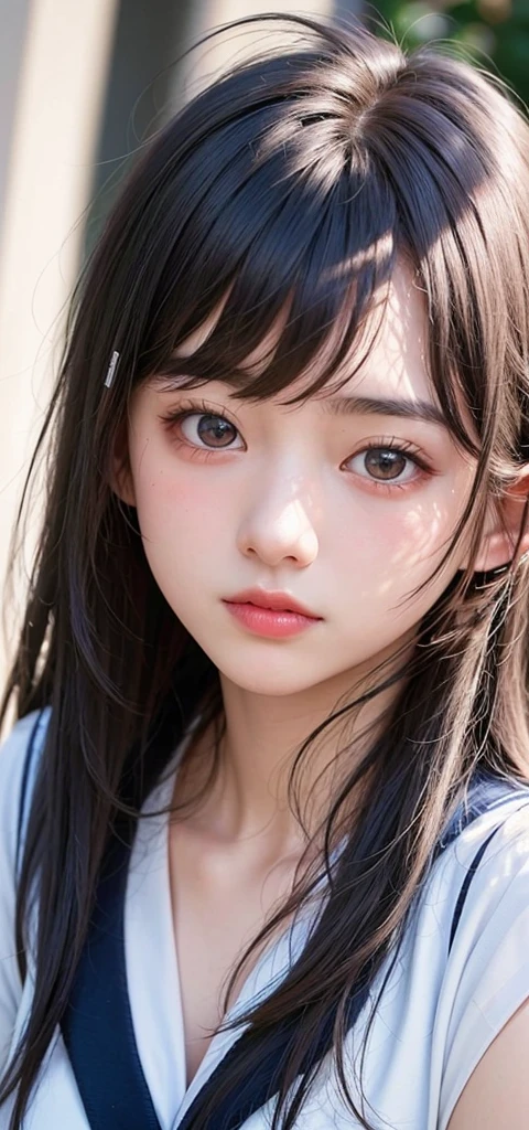 (1 nogizaka girl,15years old face,raw photo,photo realistic:1.5),(best quality, high quality,HDR, highest quality,ultra high resolution,high resolution,high res,ultra high difinition,huge file size,8K,2K wallpaper,8K wallpaper,high quality texture,amazing,an extremely delicate:1.4),one girl, Japanese famous idol,cute face,small face,absurd,ridiculous,incredibly ridiculous,blurry background,(school uniform,sailor suit,short hair,cleavage,no makeup:1.2),medium skin,beautiful skin,detailed skin,black hair,silky hair,black eyes,Japanese nose,5-fingers,(Light Particles, Lens Flare, Luminous Particles: 0.7),looking at viewer,small hands,bright lighting,professional lighting,girl