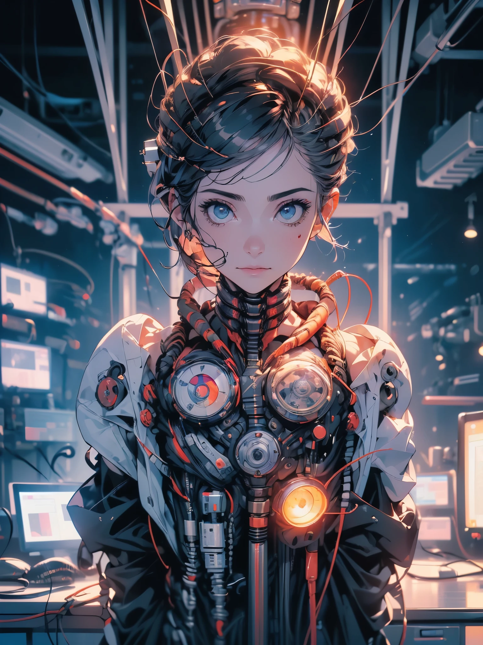 (((work of art))), ((best qualityer)), ((ultra detali)), (Computer graphics illustration), (an extremely devious and beautiful)), (desktop cute face), cinematic light, ((1 mechanical girl)), Solteiro, full-featured, (Machine-made gaskets). : 1.4), ((mechanical member)), (blood vessel connected to the tube), ((mechanical column attached to the back)), ((mechanical cervical vertebrae attached to the neck), ((war machine)), unexpressive, (Wires and cables attached to the head and body: 1.5), (character focus), Science fiction