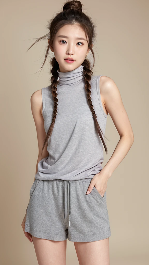vivid,Normal chest,((between legs)),cute,(Detailed face),Long cloth,Sharp Eyes,Turtleneck sleeveless sporty lightweight grey fabric,Ultra-high resolution,(Photorealistic:1.7),Braided hairstyle,Gray background,