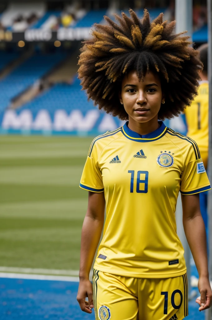 Woman with afro in Argentina wearing yellow uniform of the Colombian soccer team 