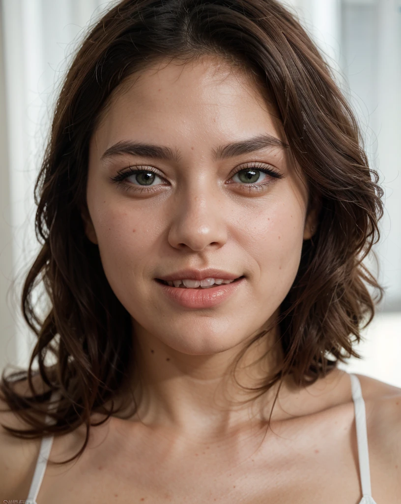 Genera una imagen de una mujer de raza occidental con una apariencia realista y natural, aged between 20 and 25 years. Pay attention to facial details, como la textura de la piel, ojos expresivos y una sonrisa sutil. Make sure the lighting is natural and the image reflects an authentic feel. Experiment with the combination of facial features to obtain a convincing result close to reality, crea 4 imagenes para tener una referencia facial