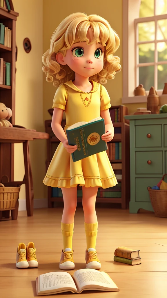 blonde curly hair, greeneyes, wearing a little yellow dress, short socks, yellow sneakers, sitting on the floor, Reading a history book