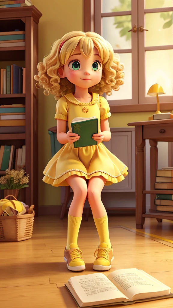 blonde curly hair, greeneyes, wearing a little yellow dress, short socks, yellow sneakers, sitting on the floor, Reading a history book