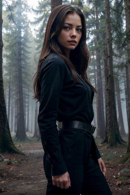 Lana Lang,Kristin Kreuk, Teen Wolf, 20 years old, long messy brown hair, slim build, blue eyes, black dress jacket, dark blue shirt, black pants, black belt, black dress stumps, hanging red sword, background forest with fog