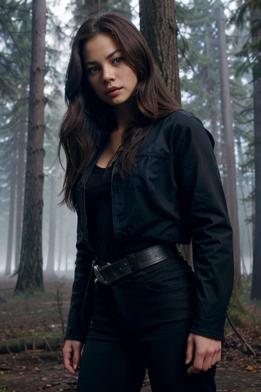 Lana Lang,Kristin Kreuk, Teen Wolf, 20 years old, long messy brown hair, slim build, blue eyes, black dress jacket, dark blue shirt, black pants, black belt, black dress stumps, hanging red sword, background forest with fog