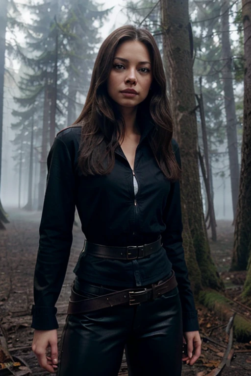 Lana Lang,Kristin Kreuk, Wolf, 20 years old, long messy brown hair, slim build, blue eyes, black dress jacket, dark blue shirt, black pants, black belt, black dress stumps, hanging red sword, background forest with fog