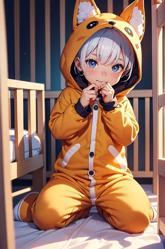A teenage boy with white hair in a large nursery, (thumb in mouth), (playing with baby toys), ((wearing a fox onesie)), (((wearing a diaper))), [[sleeping]], (in a crib 1.5), stuffed animals, ((1boy)), high quality, extremely detailed, highly detailed, masterpiece, soft lighting, warm colors, pastel colors, 