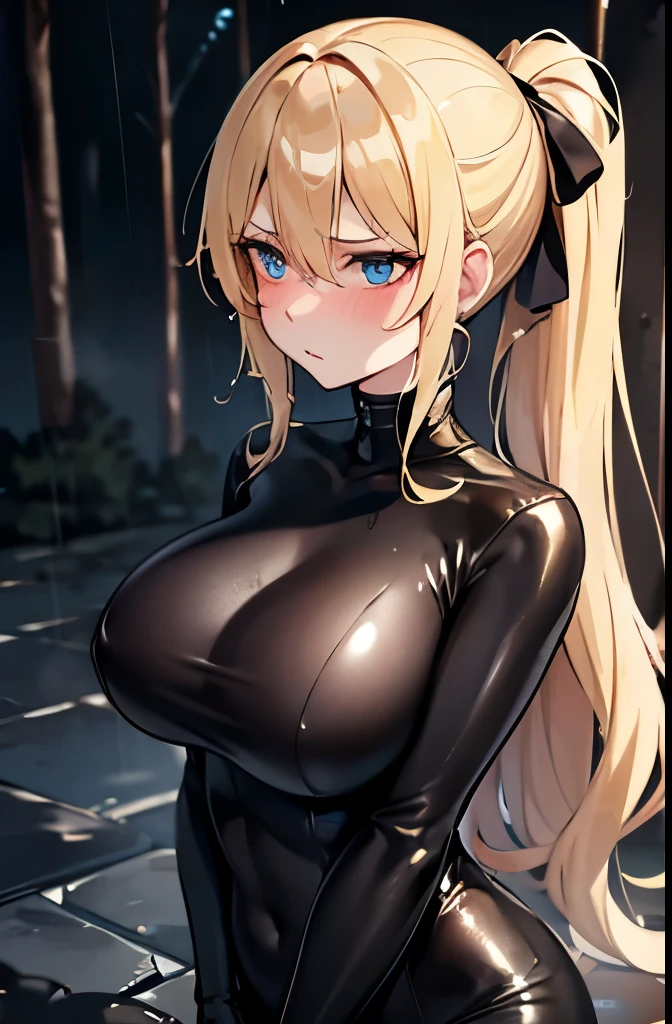 Blonde,ponytail,Black tight suit,blue eyes,Large Breasts,Slender,Serious face,blush,rain,forest,night,Pichi Pichi,clearly,