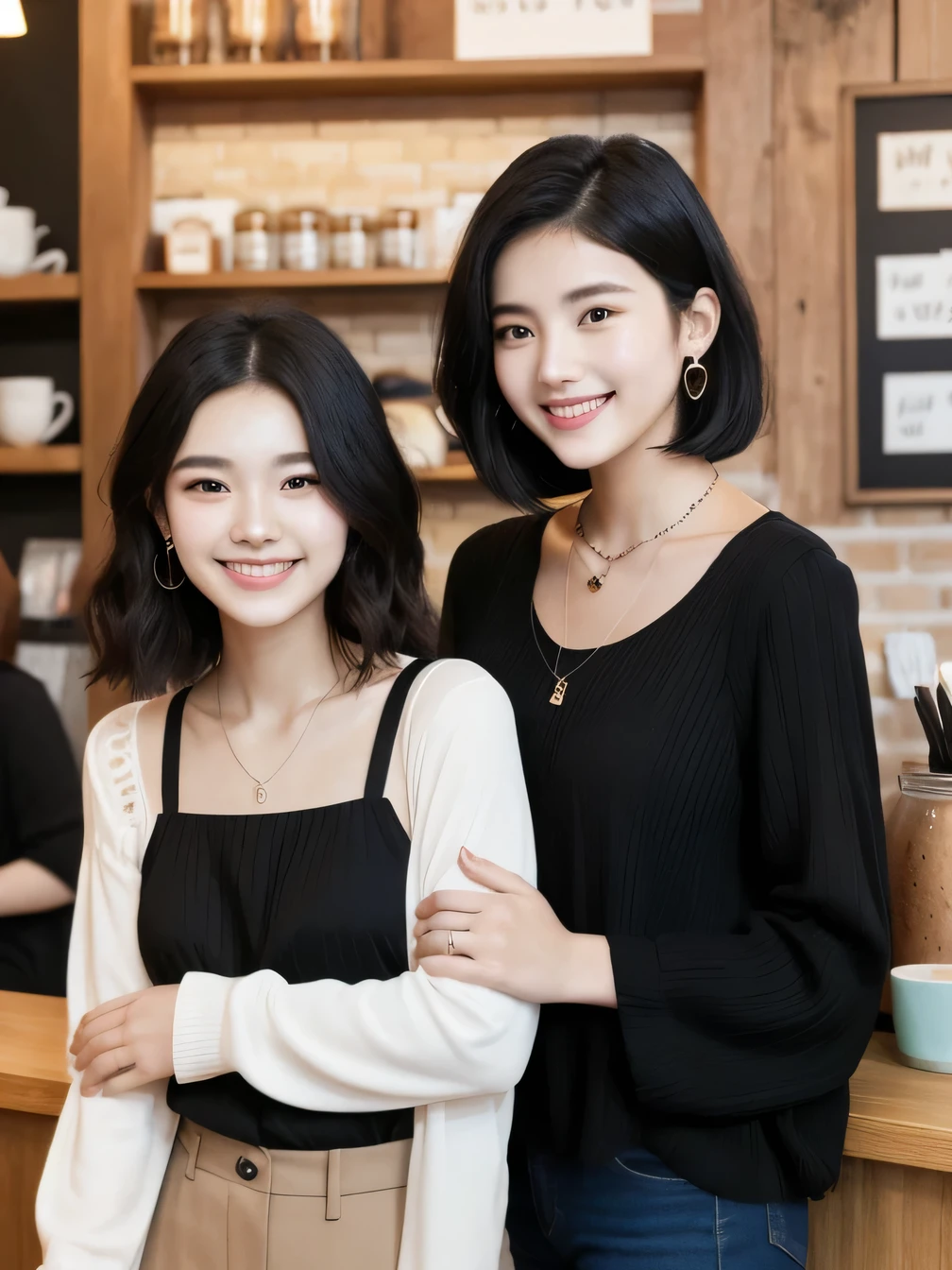 Two beautiful women standing side by side、、 smile、Beautiful teeth alignment、Black Hair、Short Haircut、Wavy Hair、ear piercing、Necklace around the neck、Long sleeve blouse、The background is a coffee shop