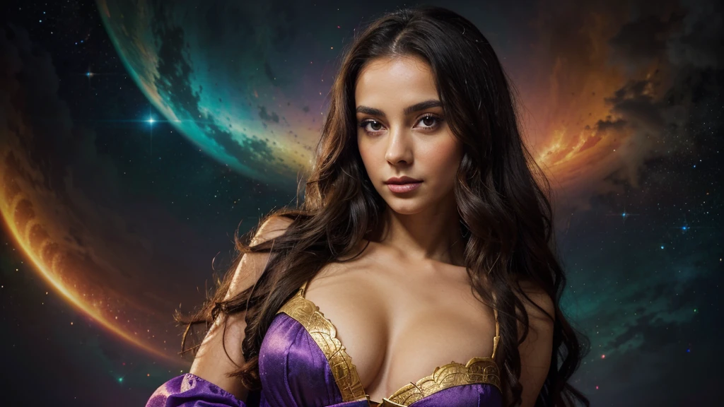 Background: a realm where galaxies collide and celestial clouds swirl. A glow from a thousand cosmic furnaces.
Foreground: a beautiful woman is standing, looking directly at the camera, divine, regal, celestial in appearance. She has long, flowing, dark hair, wide eyes, wearing a long sheer gown cut low in the front, cleavage, and cut up the side to her hip. Add bright, contrasting swirls of yellow, red, purple and green. Add lots of bright, contrasting colors.