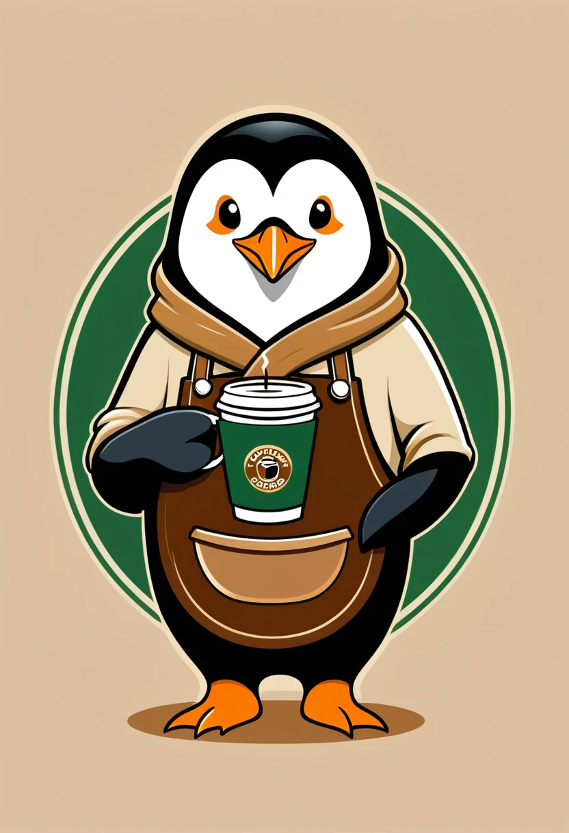 Design a logo for a coffee shop with a cool penguin holding a coffee cup and wearing a barista apron. The penguin should have a friendly and inviting expression. Use warm colors like brown, beige, and a hint of green for a cozy feel.