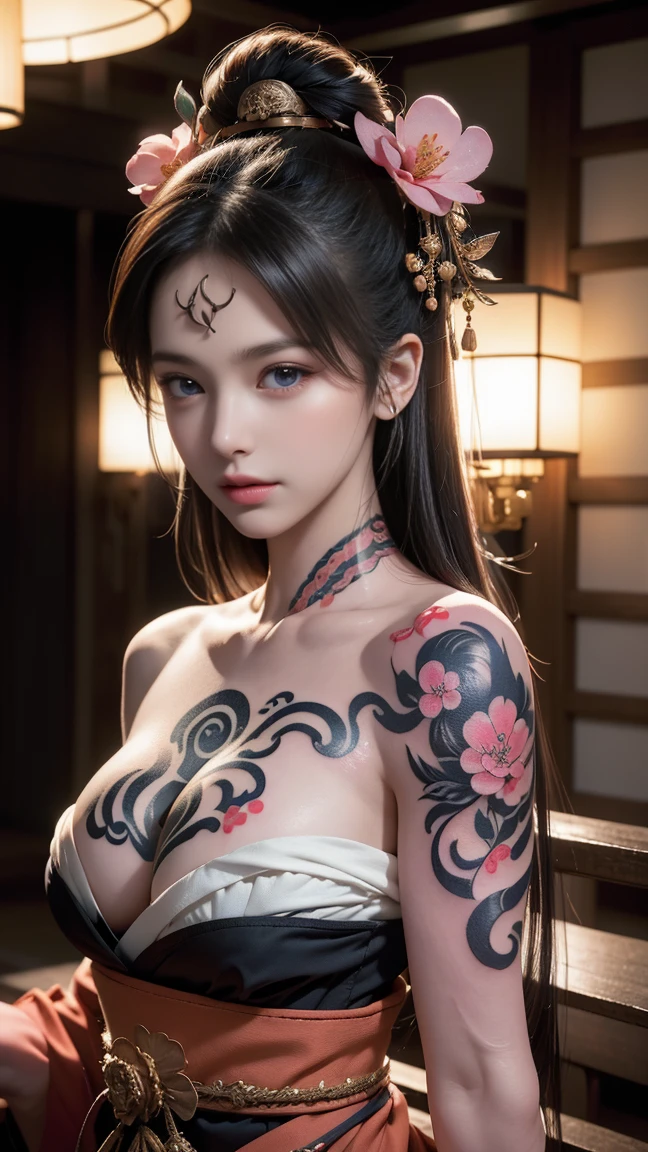  Japanese-inspired (tattoo art:1.5) fierce dragon, alluring geisha, cleavage, flowing ebony hair cascading down, captivating symmetrical features, seductive gaze, intricate kimono details, cherry blossoms in background, by Stanley Lau and Greg Rutkowski, hyper-realistic render, cinematic lighting, vibrant colors, lens flare, bokeh effect, high contrast, ultra-detailed, 8K resolution, shot on Hasselblad H6D-400c, (photorealistic:1.4), (best quality), (masterpiece)