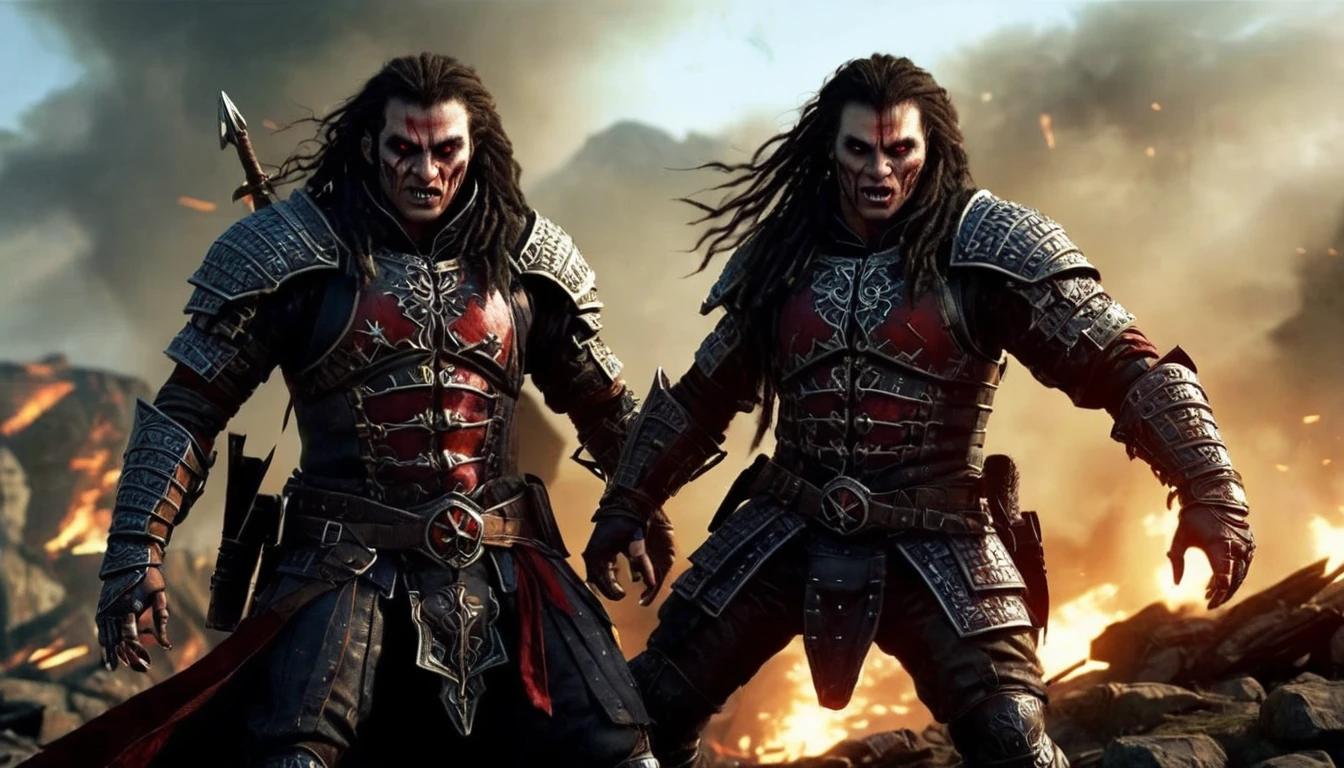 Characters: Debele and Puros vampires, Description: in the midst of epic battles, Era: ancient mythological times, Clothing: traditional gothic for Debele, warrior attire for Puros, Location: battlefield, Action: fighting, Background: chaotic battleground, Shot type: action shot, Style: hyper-realistic, photo realism, cinematography.