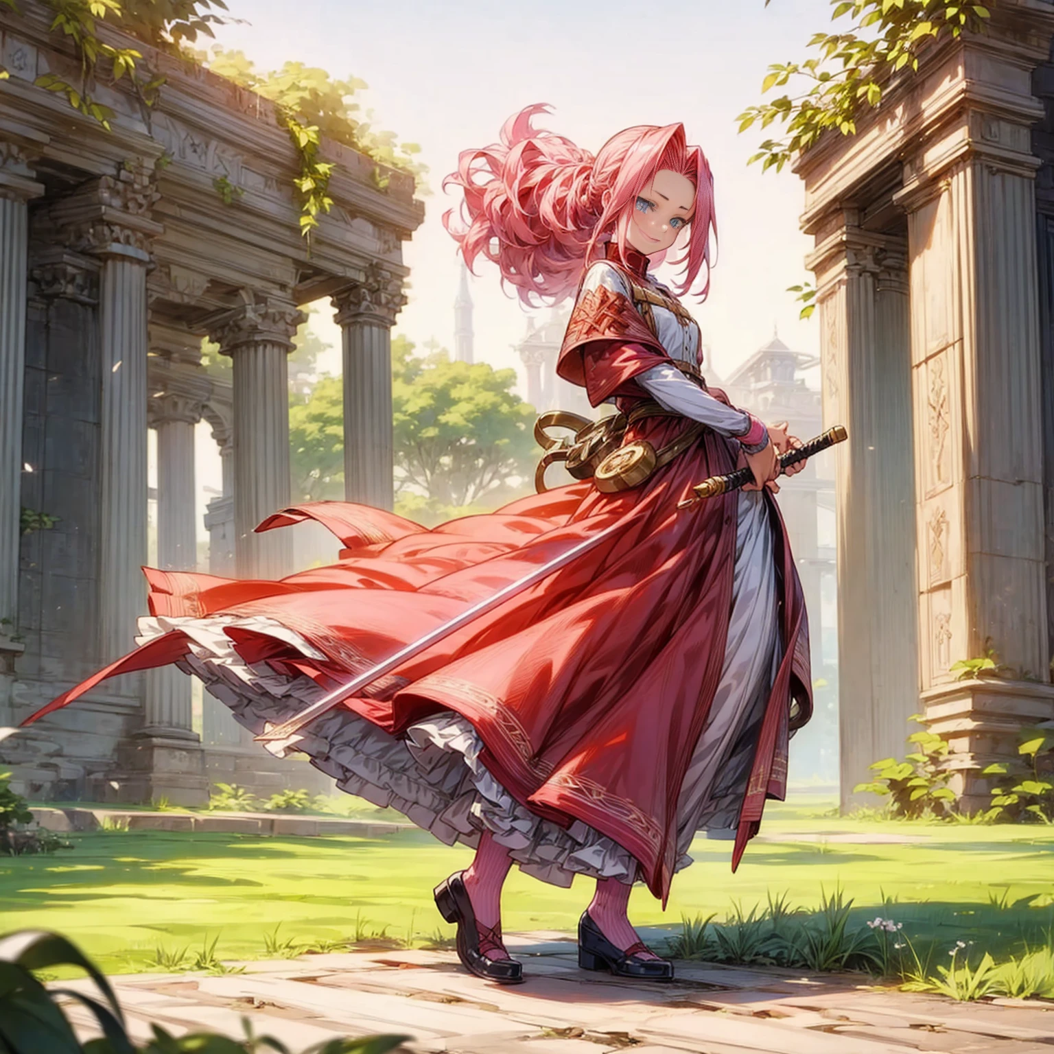 1girl, Full body version, 1character, blue eyes, long Curly haircut, pink colour hair, ancient roman style clothing, red colour clothing, Grassroots, background in field Castle, motion blur, (Hunter x Hunter style), sword in hand,