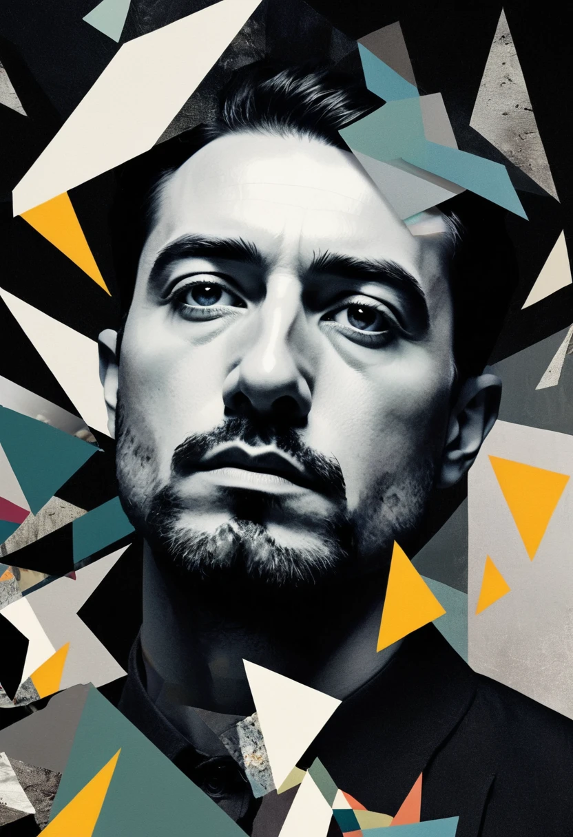 Surreal portrait of a man, dadaist, Extremely detailed, photoactual, Abstract minimalist geometric shapes, Multi-layer collage, fragmented, Negative Space, Dramatic Lighting, High contrast, Soft tones, Melancholy atmosphere, Avant-garde, Conceptual,