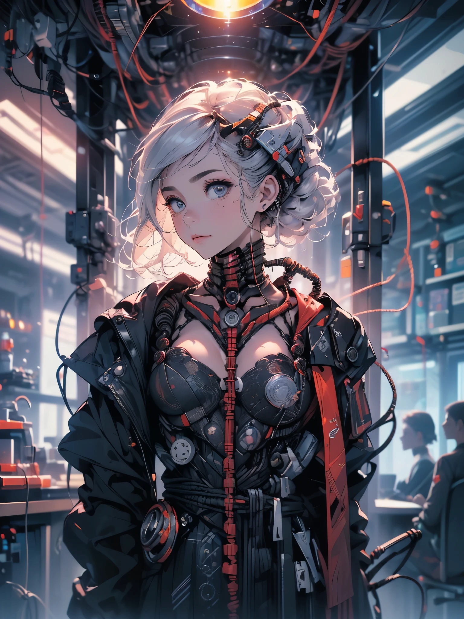 (((work of art))), ((best qualityer)), ((ultra detali)), (Computer graphics illustration), (an extremely devious and beautiful)), (desktop cute face), cinematic light, ((1 mechanical girl)), Solteiro, full-featured, (Machine-made gaskets). : 1.4), ((mechanical member)), (blood vessel connected to the tube), ((mechanical column attached to the back)), ((mechanical cervical vertebrae attached to the neck), ((war machine)), unexpressive, (Wires and cables attached to the head and body: 1.5), (character focus), Science fiction