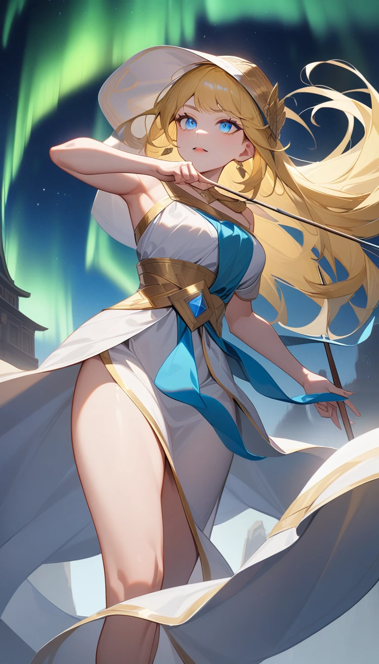(Huang Li、high quality、Extremely detailed),Constellation-Sagittarius Goddess,Huge bow,Woman shooting arrows,Similar to Latin goodness,brave,capricious,Productivity,The face of enterprising and humanitarianism,Long yellow hair,Ancient Greek costumes、Wrap Dress,Conservative clothing,The background is the aurora,Crystal blue eyes(Eyes Details),Powerful appearance, Correct anatomy