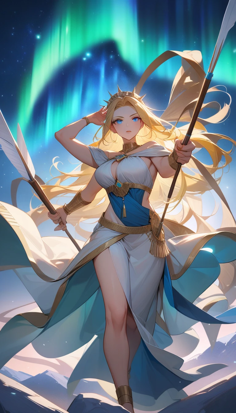（Huang Li、high quality、Extremely detailed），Constellation-Sagittarius Goddess，Huge bow，Woman shooting arrows，Similar to Latin goodness，brave，capricious，Productivity，The face of enterprising and humanitarianism，Long yellow hair，Ancient Greek costumes、Wrap Dress，Conservative clothing，The background is the aurora，Crystal blue eyes（Eyes Details），Powerful appearance, Correct anatomy