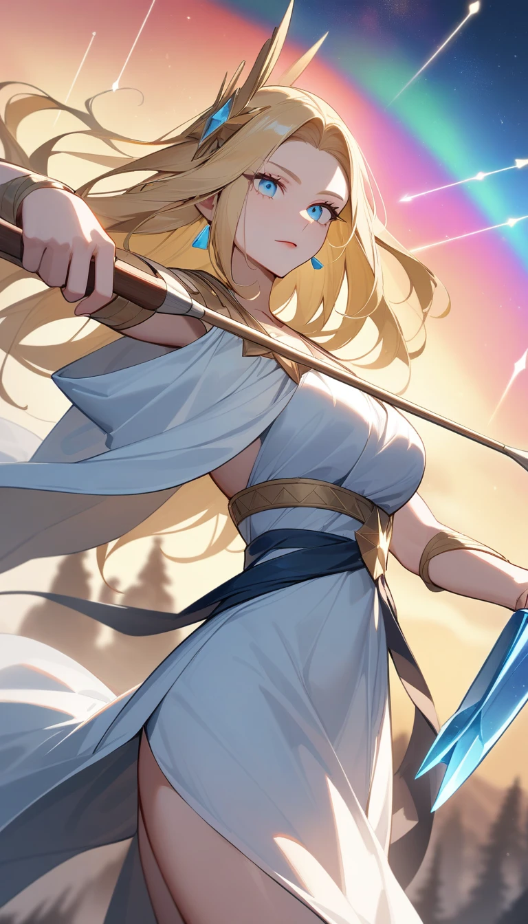 (Huang Li、high quality、Extremely detailed),Constellation-Sagittarius Goddess,Huge bow,Woman shooting arrows,Similar to Latin goodness,brave,capricious,Productivity,The face of enterprising and humanitarianism,Long yellow hair,Ancient Greek costumes、Wrap Dress,Conservative clothing,The background is the aurora,Crystal blue eyes(Eyes Details),Powerful appearance, Correct anatomy
