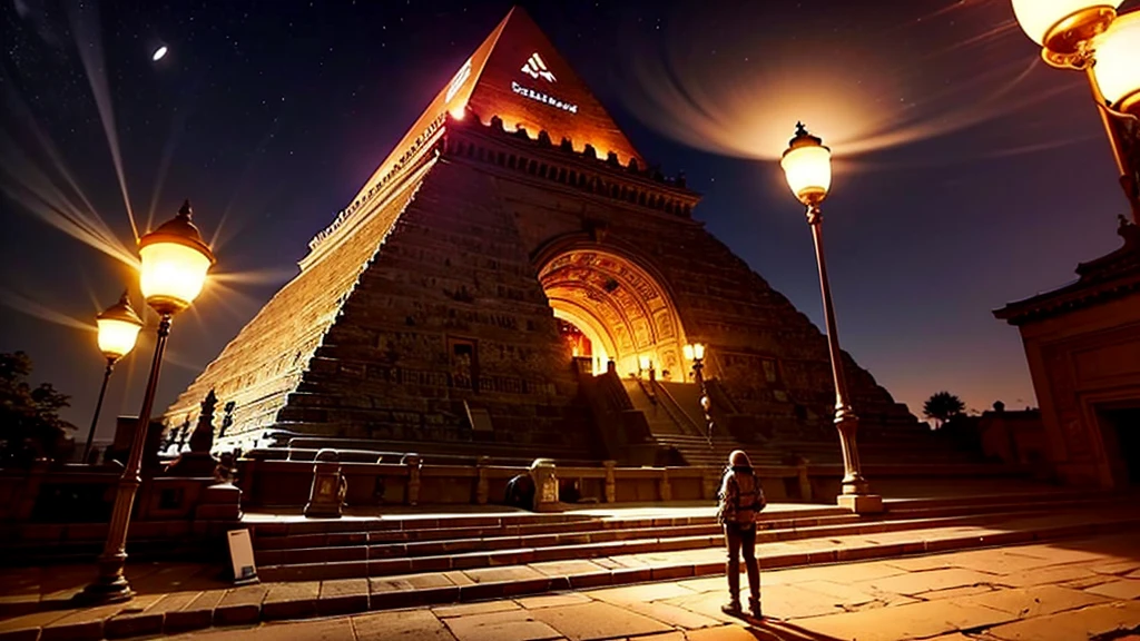 in the city,There are magnificent pyramids inside,Under the Pyramid,A person wearing VR glasses looking at the pyramids,Game CG,Extremely high resolution,moon,night,There are torches near the pyramids