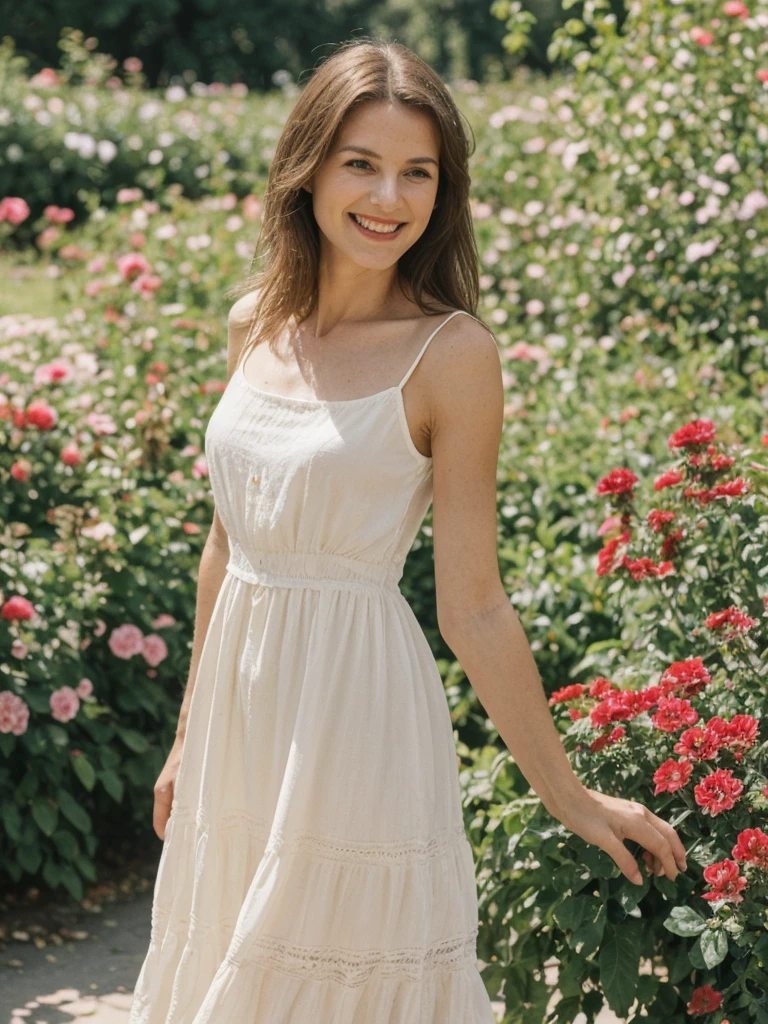 Chloe Laurent, 1girl, solo, realistic, (((consistent face and image))), ((Caucasian mature)), ((French woman)), ((French nose)), ((French lips)), ((French body and skin)), ((upper body and upper legs)), A model in a sundress walking through a garden or outdoor market, smiling