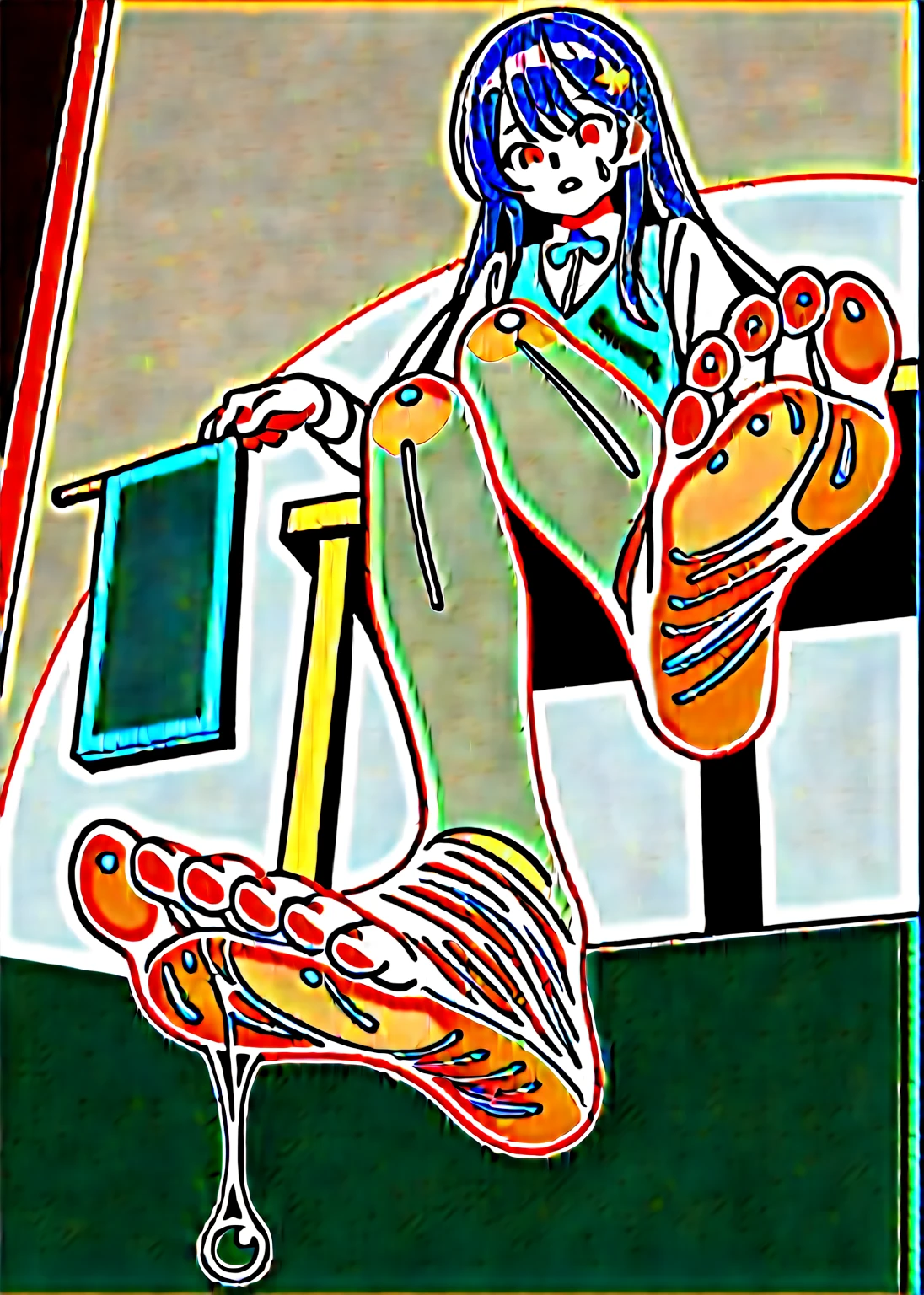 score_9, score_8_up,score_7_up, BREAK, 1boy, solo, Best Quality, Masterpiece, ultra high resolution, a boy, solo, sitting in an armchair, bare legs, barefoot, barefoot, soles of feet visible, View from below, sitting in an armchair, with a dark bloody room in the background, View from below, smile, masterpiece, best quality, Cinematic, Fancy effects, Intricate details, white hair, long hair, shiny hair, shiny skin, detailed eyes, hd eyes, beautiful eyes, gothic, hair between eyes, layered clothes, yellow eyes, looking at viewer, highly detailed eyes, dramatic lighting, fluffy hair, dark magic background, shadow background, crimson background, cat eyes, smug face, eyelashes, white eyelashes, hair flower, red flowers in hair, kimono, collarbone, manly body, shiny feet, bandaged neck, bandaged legs, bandaged, wonded, red flowers background, bloody lips, blood on lips, smirk, thigh strap, thighhighs, black thighhighs, ahoge, hd eyes, glowing eyes, nsfw, torn clothes, detailed skin, accurate eyes, white eyelashes, long white eyelashes, wet hair, blood drips