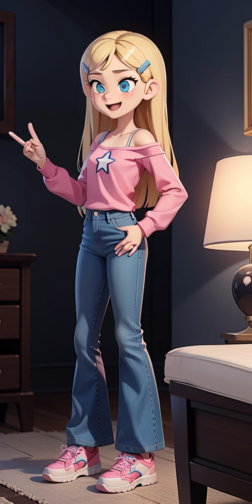 score_9, source_cartoon, masterpiece, best quality, 1girl, solo, Kelly Marra, looking very happy, long hair, blonde hair, cute blue eyes, hair ornament, white long sleeves, hairclip, bell-bottom blue pants(Wide flares on pants:1.2), pink shoes, off shoulder, white star (symbol) in the middle of the shirt, Pink t-shirt,
