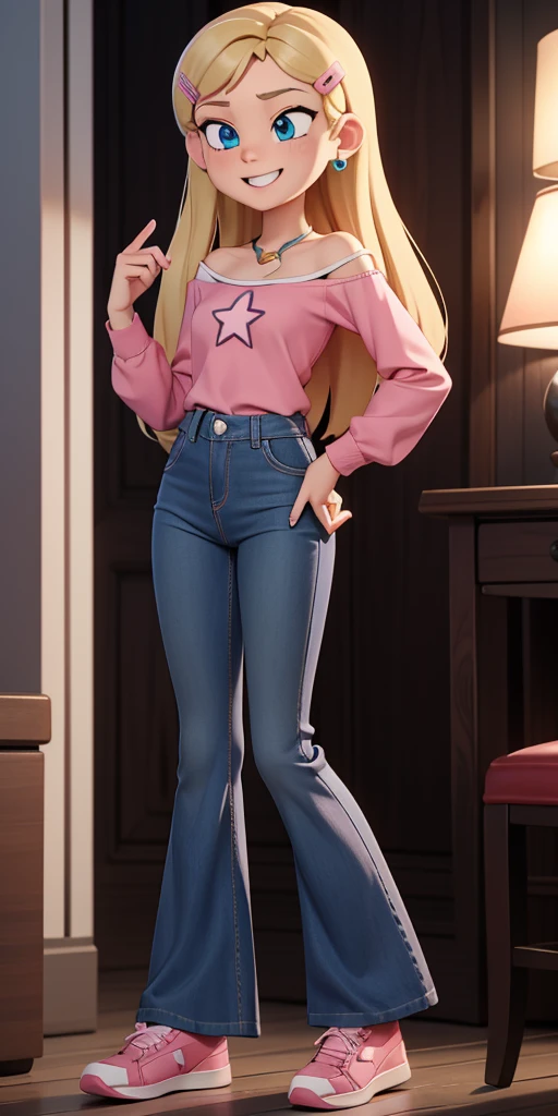 score_9, source_cartoon, masterpiece, best quality, 1girl, solo, Kelly Marra, looking very happy, long hair, blonde hair, cute blue eyes, hair ornament, white long sleeves, hairclip, bell-bottom blue pants(Wide flares on pants:1.2), pink shoes, off shoulder, white star (symbol) in the middle of the shirt, Pink t-shirt,
