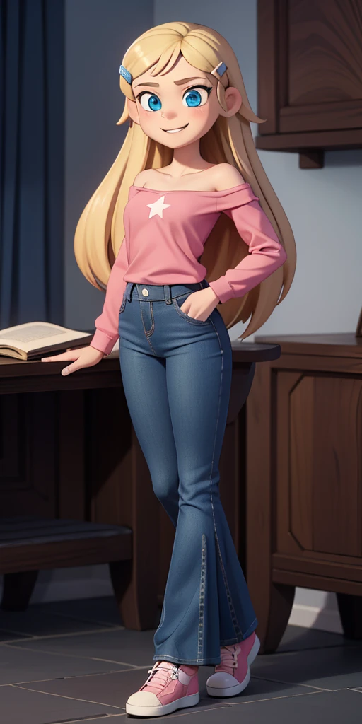 score_9, source_cartoon, masterpiece, best quality, 1girl, solo, Kelly Marra, looking very happy, long hair, blonde hair, cute blue eyes, hair ornament, white long sleeves, hairclip, bell-bottom blue pants(Wide flares on pants:1.2), pink shoes, off shoulder, white star (symbol) in the middle of the shirt, Pink t-shirt,
