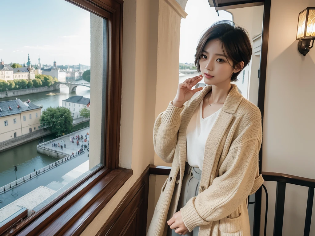 high quality, 1 woman, ((36-year-old healthy Korean woman)), ((36 years old)), 1 woman, ((slim)), ((short medium hair)), pose: standing, Myungpum brand knit sweater, light trench coat, casual pants, background:Your residence is a baroque townhouse with a plaster façade and wrought iron railings.., Overlooking the Salzach River and Hohensalzburg Fortress, 1 woman