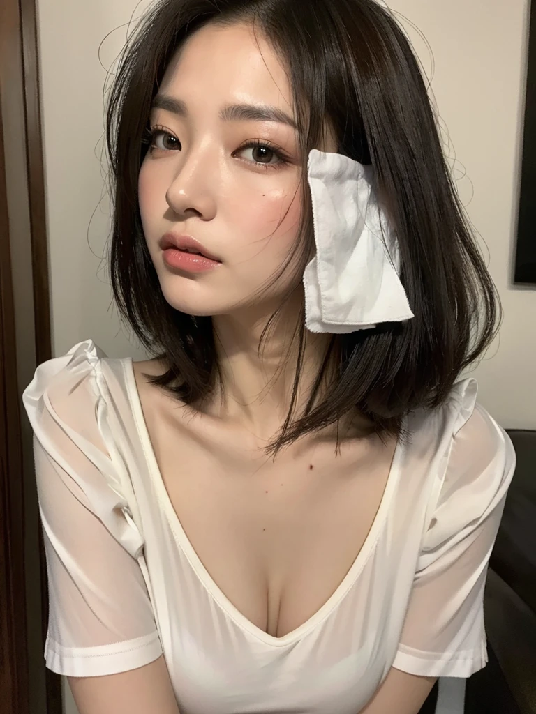 ((Highest quality, 8K, Ultra-high resolution)), ((masterpiece: 1.3)), (Perfect appearance), (Photorealism: 1.6), (JMA), (KE), (Mature Woman:1), ((Portraiture:1.5)), Cross Arm, Wet white shirt, melancholy, In the room. 40 year old asian woman wearing old thin shirt with high V. The shirt was open at the front.Her shirt was hanging off one shoulder、I wasn&#39;t even wearing underwear.。 (masterpiece), Highest quality, Expressive eyes, Perfect Face