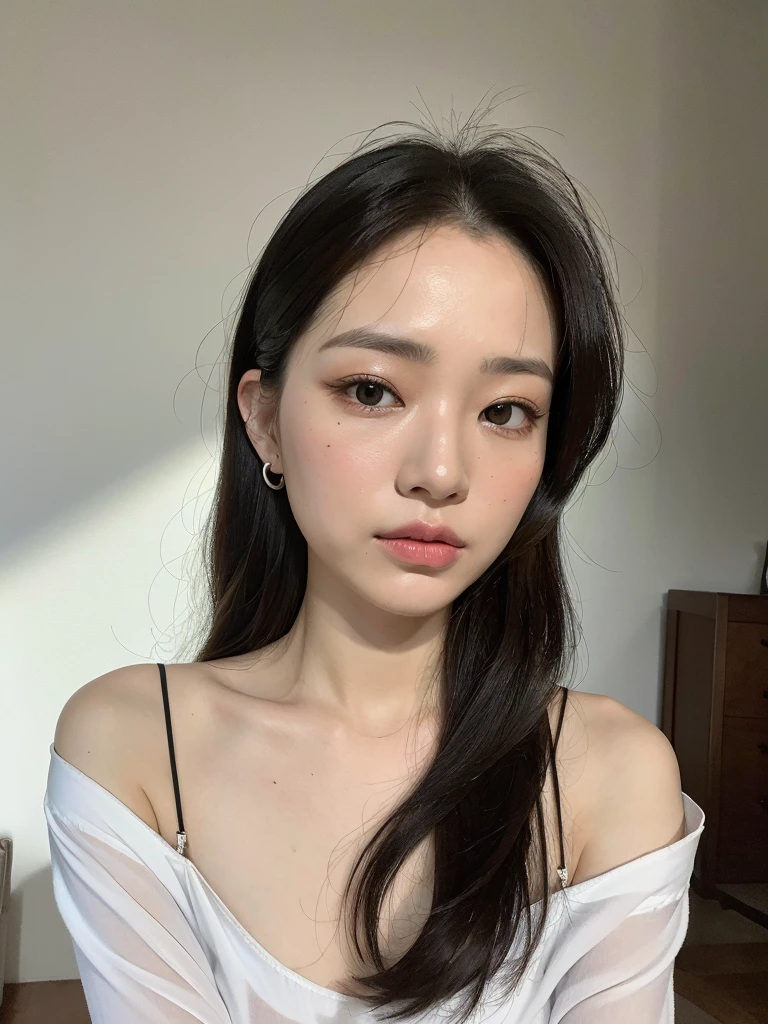 ((Highest quality, 8K, Ultra-high resolution)), ((masterpiece: 1.3)), (Perfect appearance), (Photorealism: 1.6), (JMA), (KE), (Mature Woman:1), ((Portraiture:1.5)), Cross Arm, Wet white shirt, melancholy, In the room. 40 year old asian woman wearing old thin shirt with high V. The shirt was open at the front.Her shirt was hanging off one shoulder、I wasn't even wearing underwear.。 (masterpiece), Highest quality, Expressive eyes, Perfect Face
