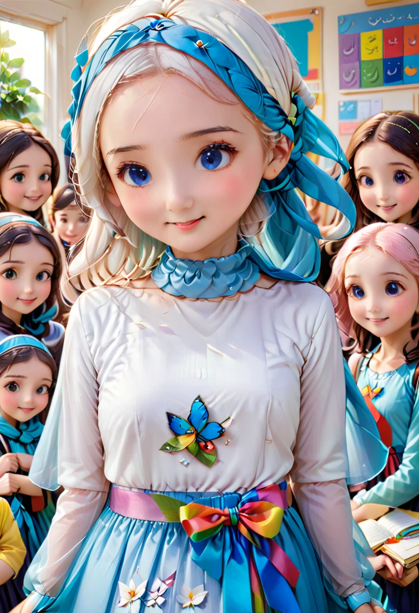 A beautiful girl with a modern Islamic hijab tied around her neck, her dress is long and modest, smiling and looking happy, Disney Pixar style cartoon, at school in the classroom with her student friends