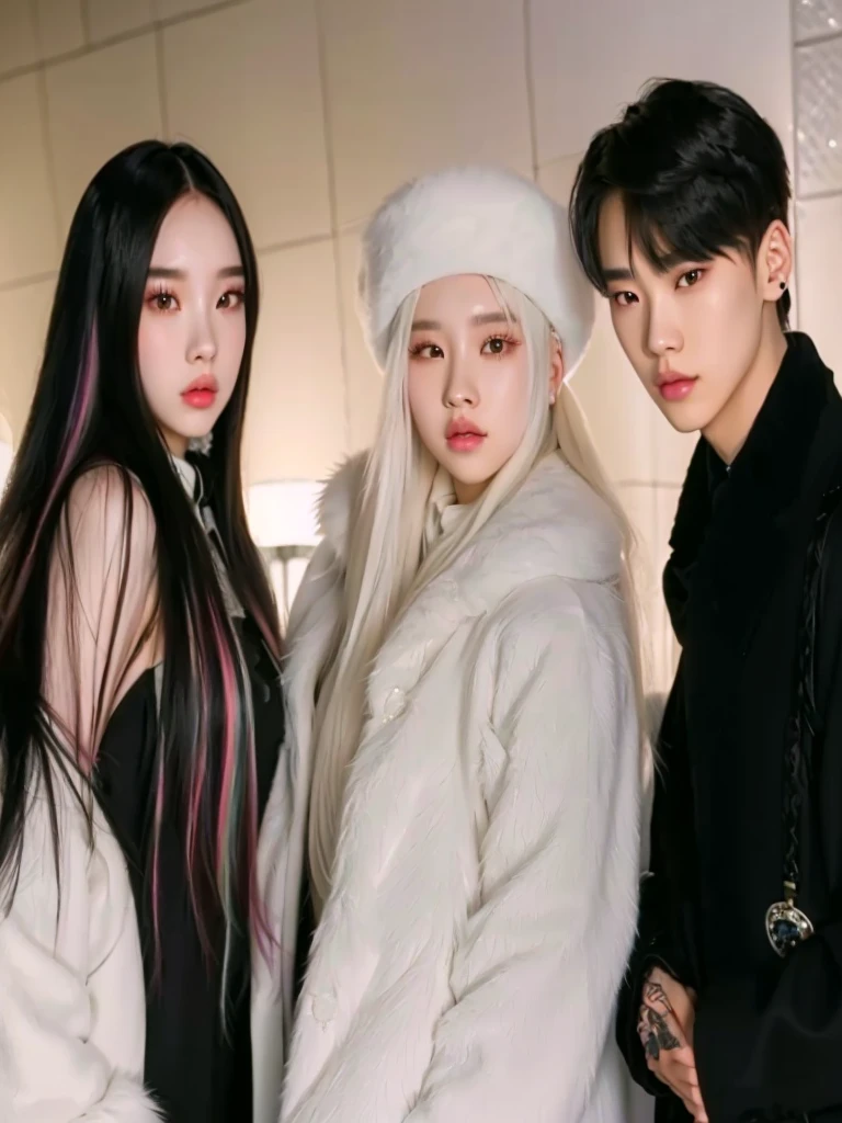 three young people posing for a picture in a white fur coat, ava max, profile pic, luts, jia, xision wu, yanjun chengt, ulzzang, with long white hair, 3 heads, 😭 🤮 💕 🎀, exophilia, # oc, #oc, kpop, blackpink, with white long hair