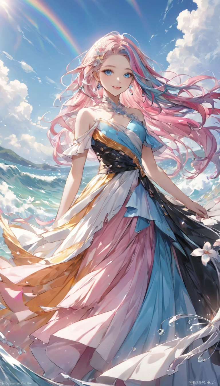 Stunning portrait of a 17-year-old girl with rainbow hair, Blue and pink mix, Under the bright sky on a sunny summer day、The breathtaking views unfold。Half blue and half pink、Colorful Girl, Flowing Hair、Standing with a captivating smile。Long curls cascading down like golden waves、Bright sky blue eye frames。Red and black repair dress 1.Wearing a voluminous 2m skirt、Captivate the audience with elegance。The dress was torn in many places、It will be clear