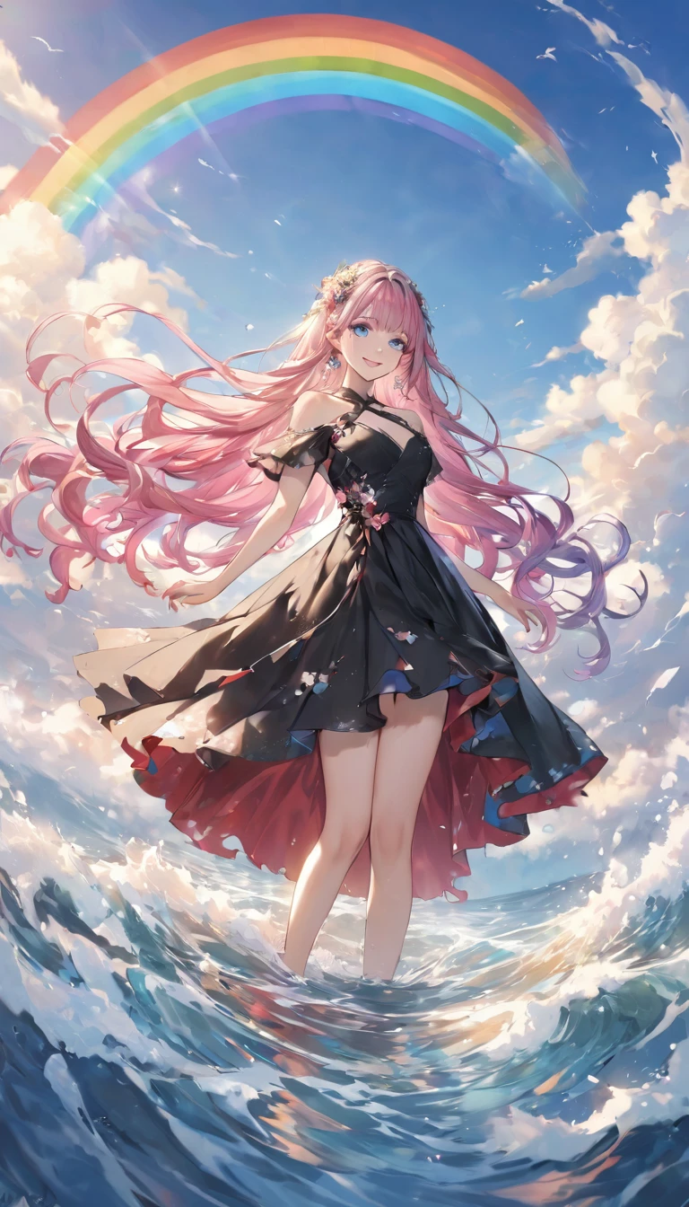 Stunning portrait of a 17-year-old girl with rainbow hair, Blue and pink mix, Under the bright sky on a sunny summer day、The breathtaking views unfold。Half blue and half pink、Colorful Girl, Flowing Hair、Standing with a captivating smile。Long curls cascading down like golden waves、Bright sky blue eye frames。Red and black repair dress 1.Wearing a voluminous 2m skirt、Captivate the audience with elegance。The dress was torn in many places、It will be clear