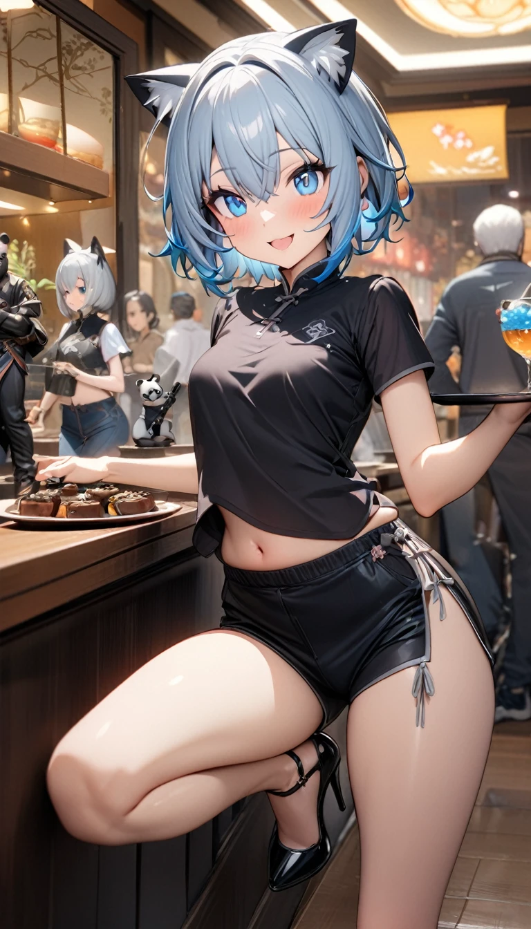 Cat ear:2.0、((masterpiece)),((Highest quality)),(Super detailed),(figure),((Very delicate and beautiful)), 1girl、((smile、Sparkling Blue Eyes、Cat ear:2.0、Silver Bob Hair:2.5))、I can see your belly、Chinese style short sleeve,Don't go up and down、Chinese style shorts、Alluring expression,An inviting body、Hot flashes、Small breasts,Sidetiletto heels、Holding a tray with a panda on it、Walking around the store、Colorful、Inside a Chinese restaurant、