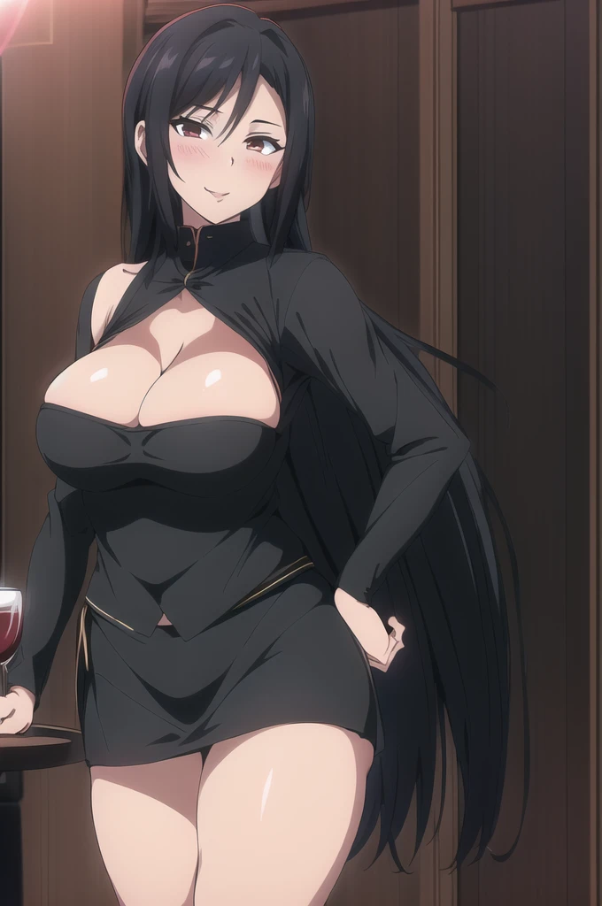 (hentai, risqué, High resolution, 8K, Extremely detailed, Sexy waitress, Ultra HD, Ultra-detailed, Anime style screen cap: 1.3, Anime colours: 1.2)
long legs, (serving tray in hand), (Black hair, wavy and shoulder-length), (emphasizing cleavage), (leaning on hip), (Looking at the viewer with a seductive gaze), (Black miniskirt that barely covers her private areas), (high heels), (Red lipstick), (blushing cheeks), (sunlight from the bar illuminating her figure), (thick outlines,