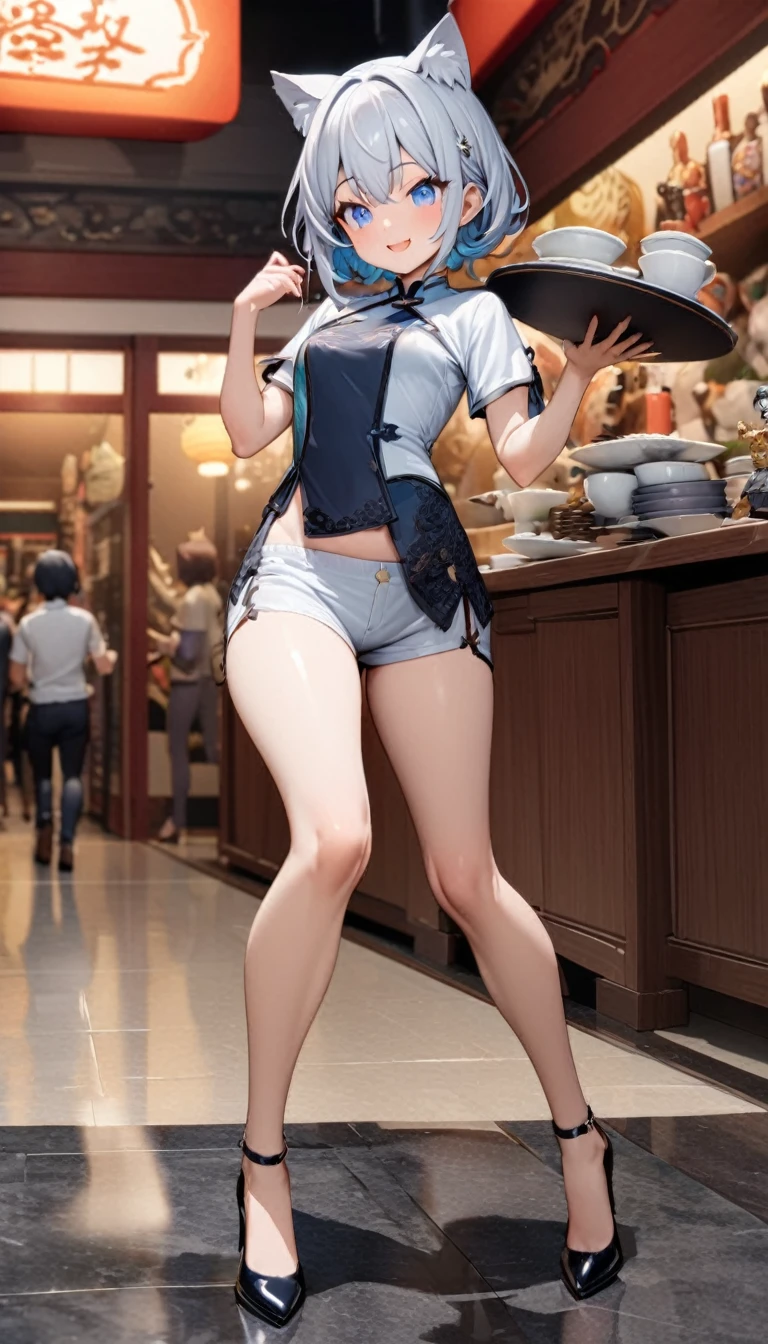 Cat ear：2.0、((masterpiece)),((Highest quality)),(Super detailed),(figure),((Very delicate and beautiful)), 1girl、((smile、Sparkling Blue Eyes、Cat ear：2.0、Silver Bob Hair：2.5))､I can see your belly、Chinese style short sleeve，Don't go up and down、Chinese style shorts、Alluring expression，An inviting body、Hot flashes、Small breasts，Sidetiletto heels、Holding a tray with a panda on it、Walking around the store、Colorful、Inside a Chinese restaurant、