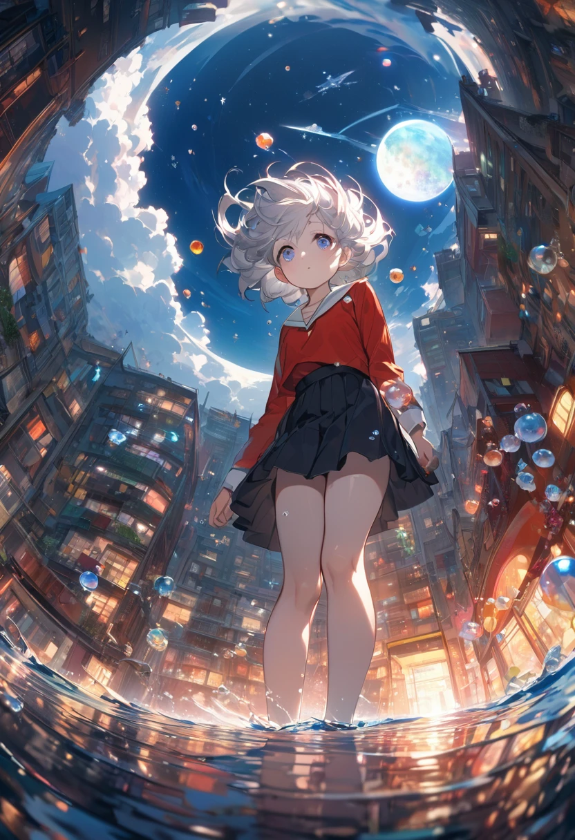 woman\(student, 15 years old, JK, Short silver hair floating, Space-colored eyes, school black uniform, Pale skin, Tired face、lack of shine in the eyes\) Looking up at the sky, (Many shiny red scale goldfish swimming in the air), (Transparent bubbles, like those in water, sparkle here and there in the sky.), Beautiful sky, Beautiful Clouds, There is a puddle on the ground、The scenery is beautifully reflected, Looking up at the wide sky from a narrow back alley in a cluttered downtown area, Colorful summer flowers are blooming everywhere., I see the wind blowing and shining, There is a noon moon and a noon star in the sky,From below, break ,quality\(8K,非常に精細なCGユニットのwallpaper, masterpiece,High resolution,top-quality,top-quality real texture skin,Surreal,Increase the resolution,RAW Photos,最高quality,Very detailed,wallpaper,Cinema Lighting,Ray-tracing,Golden Ratio\),Take the long view