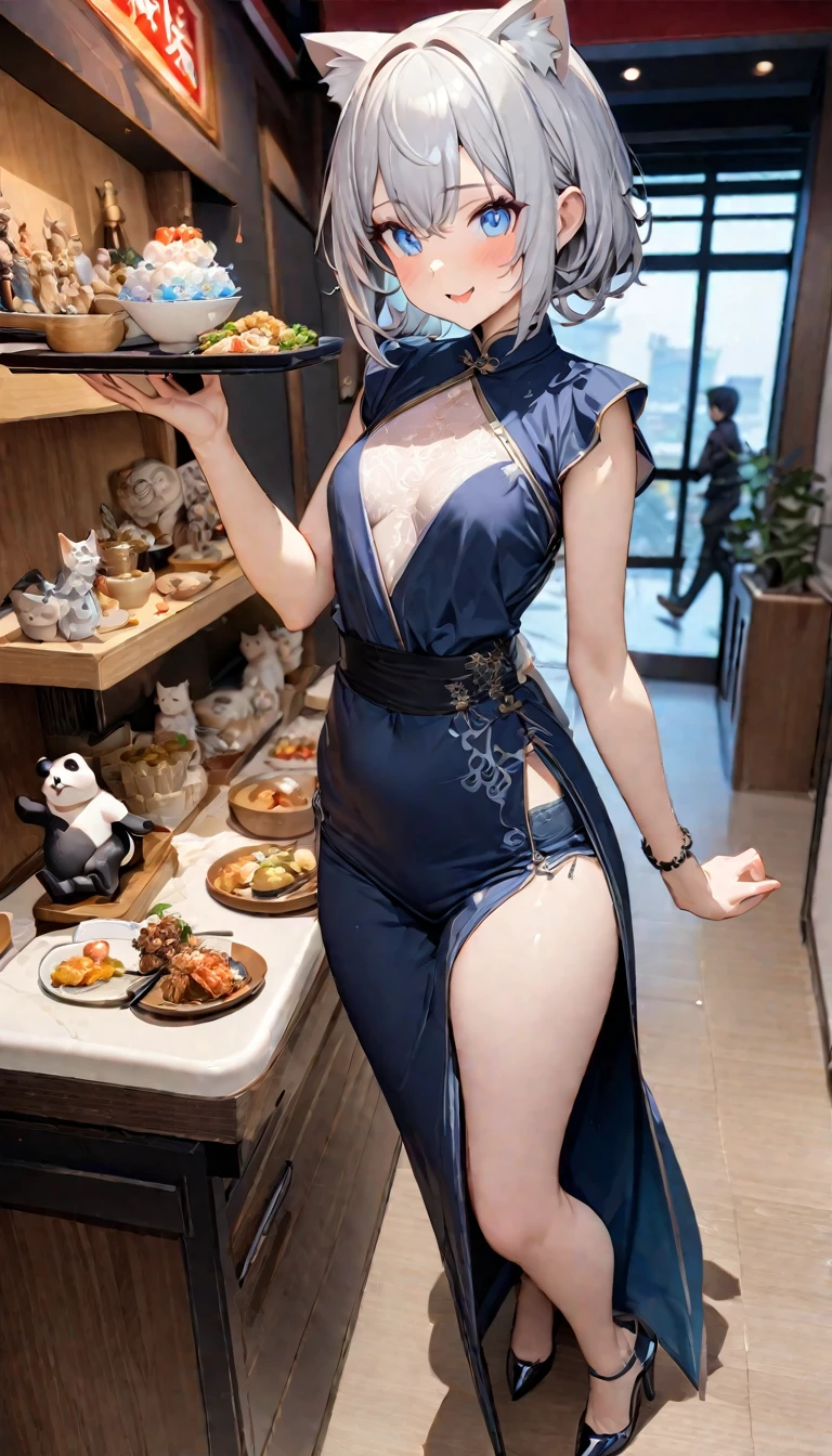 Cat ear:2.0、((masterpiece)),((Highest quality)),(Super detailed),(figure),((Very delicate and beautiful)), 1girl、((smile、Sparkling Blue Eyes、Cat ear:2.0、Silver Bob Hair:2.5))、I can see your belly、Chinese style short sleeve,Don't go up and down、Chinese style shorts、Alluring expression,An inviting body、Hot flashes、Small breasts,Sidetiletto heels、Holding a tray with a panda on it、Walking around the store、Colorful、Inside a Chinese restaurant、