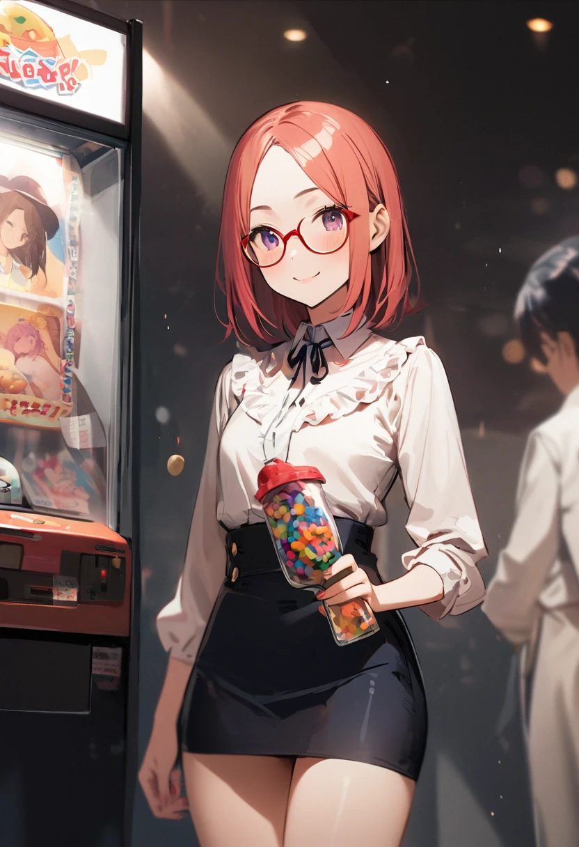 panty shot,arcade、game machine、Game bench、UFO Catcher、Purikura、Date、Fashionable glasses、forehead、mini skirt、Girl、Girl、Short、Younger、Lower school year、Baby Face、flat chest、smile、Dynamic Angle、masterpiece、best quality、ultra-detail、There are customers around、I'm making a mess、Clothing