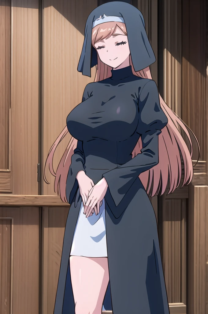 masterpiece, best quality,  fabipriestess, veil, black dress, long puffy sleeves, long dress, huge breasts, cowboy shot, standing, looking at viewer, closed eyes, smile, hands to hips